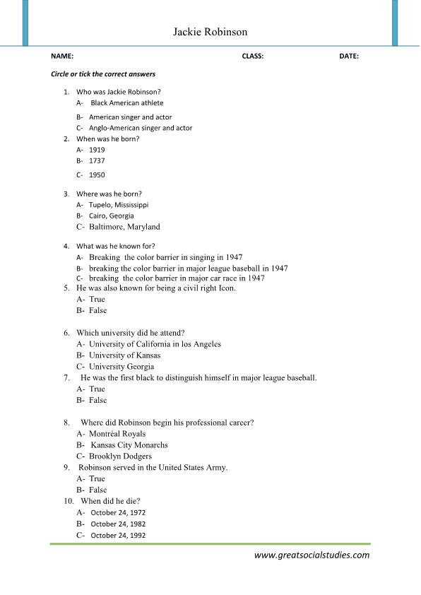 Who Was Jackie Robinson work Sheet Jackie Robinson Bio GREAT SOCIAL 